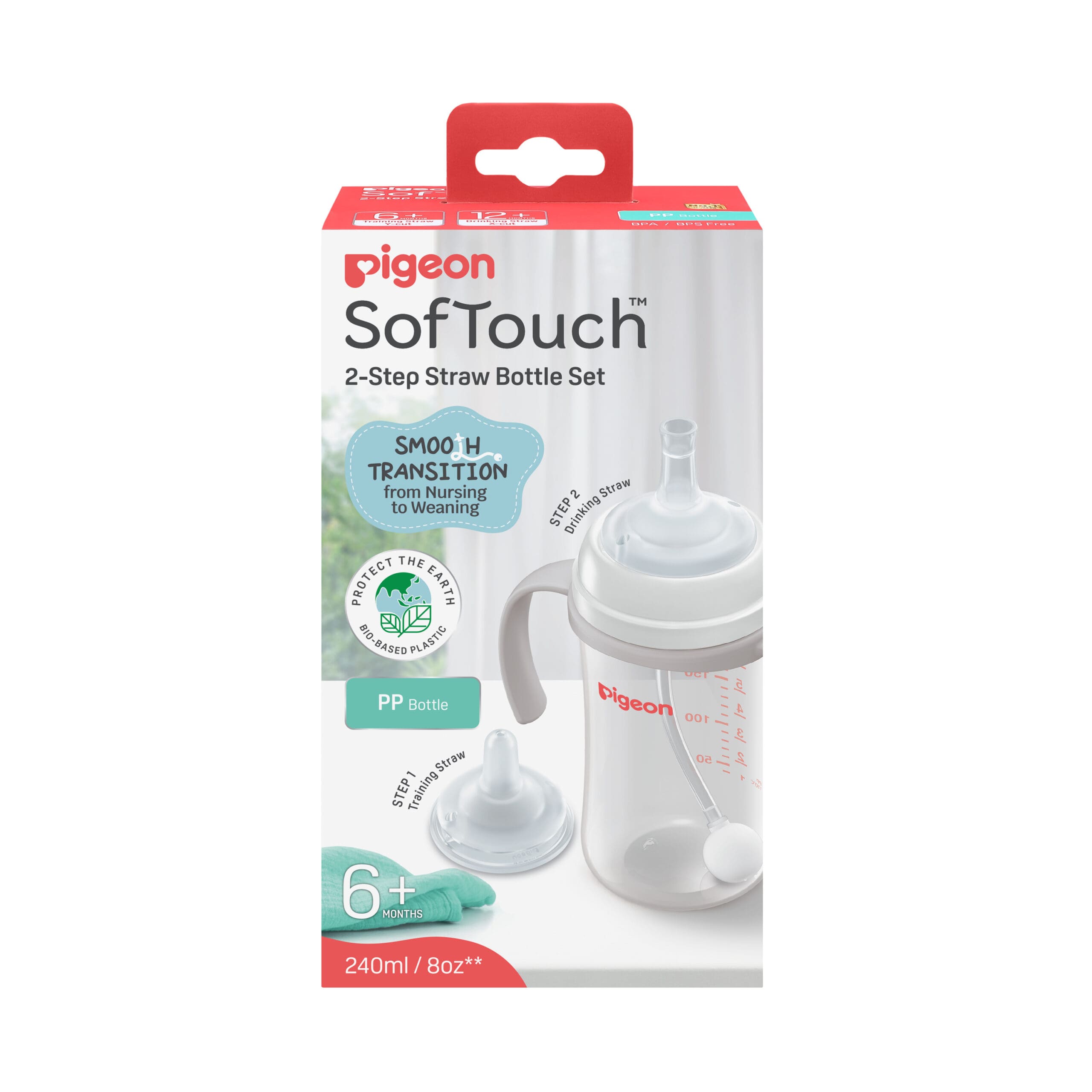 Pigeon SofTouch BPP 2-Step Straw Bottle Set 240ml Logo (6M+)