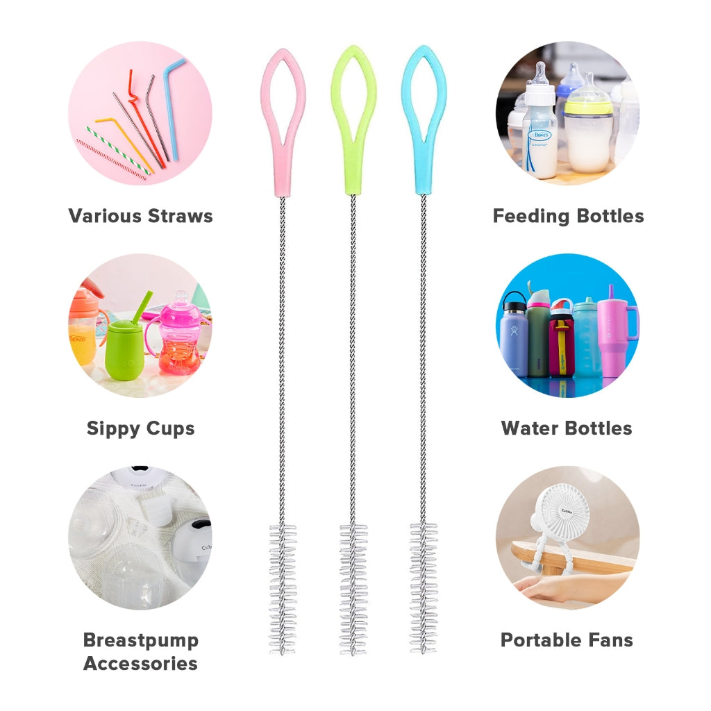 Cubble Straw Brush (3 Colours) Stainless Steel Cleaning Brush for Baby Bottle, Nipple, Spout, Straws