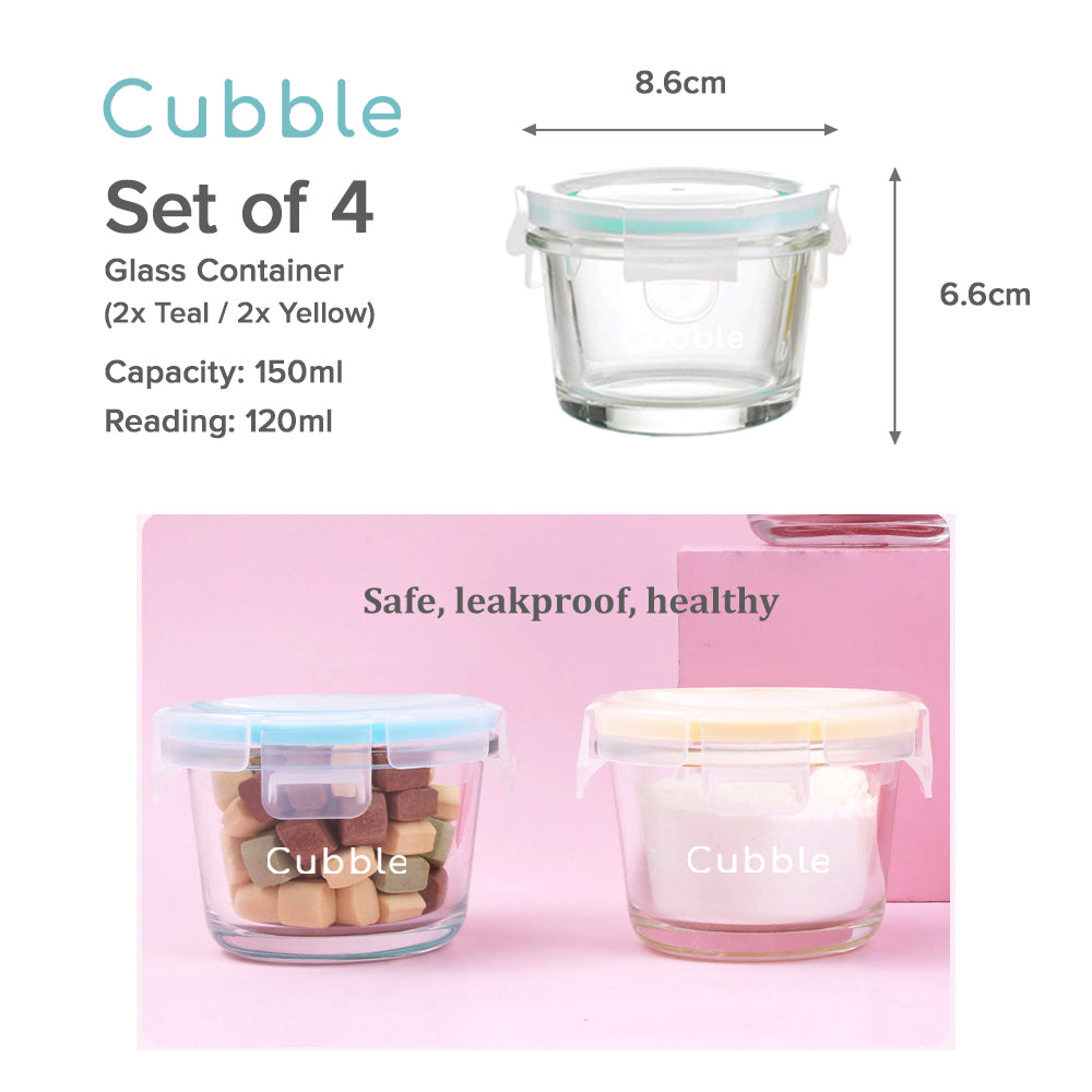 Cubble Baby Food Storage Glass Container 150ml 4pcs Set - Stackable & Airtight Leakproof - BPA, Lead & Phthalate free