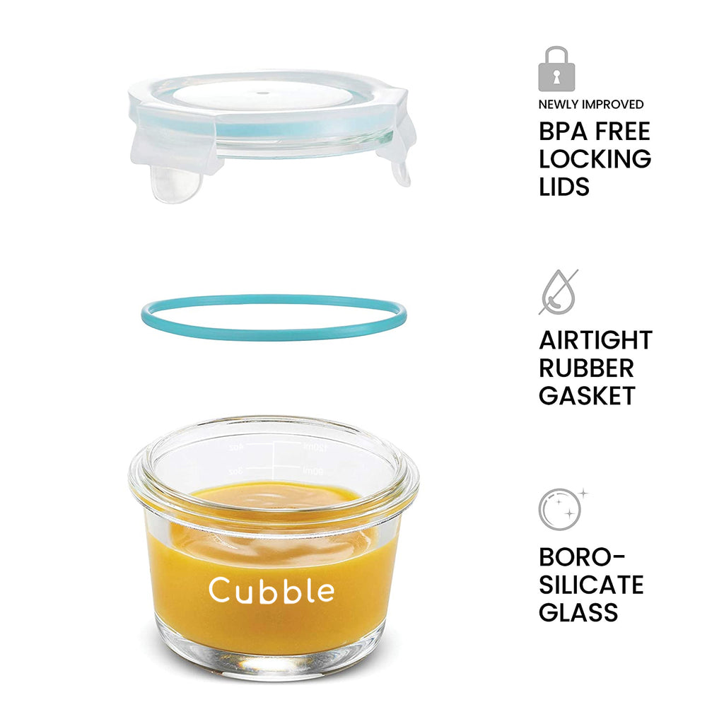 Cubble Baby Food Storage Glass Container 150ml 4pcs Set - Stackable & Airtight Leakproof - BPA, Lead & Phthalate free