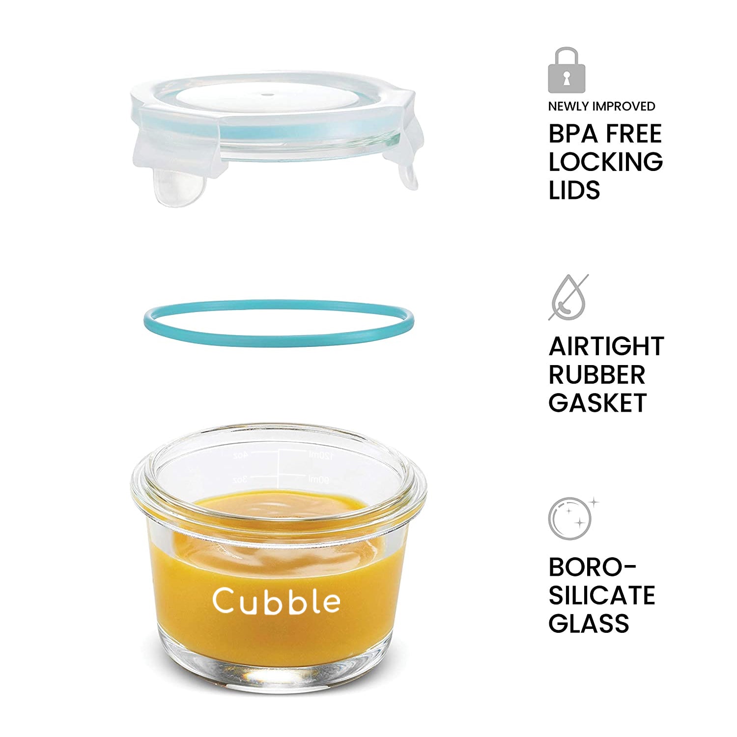 Cubble Baby Food Storage Glass Container 150ml 4pcs Set - Stackable & Airtight Leakproof - BPA, Lead & Phthalate free
