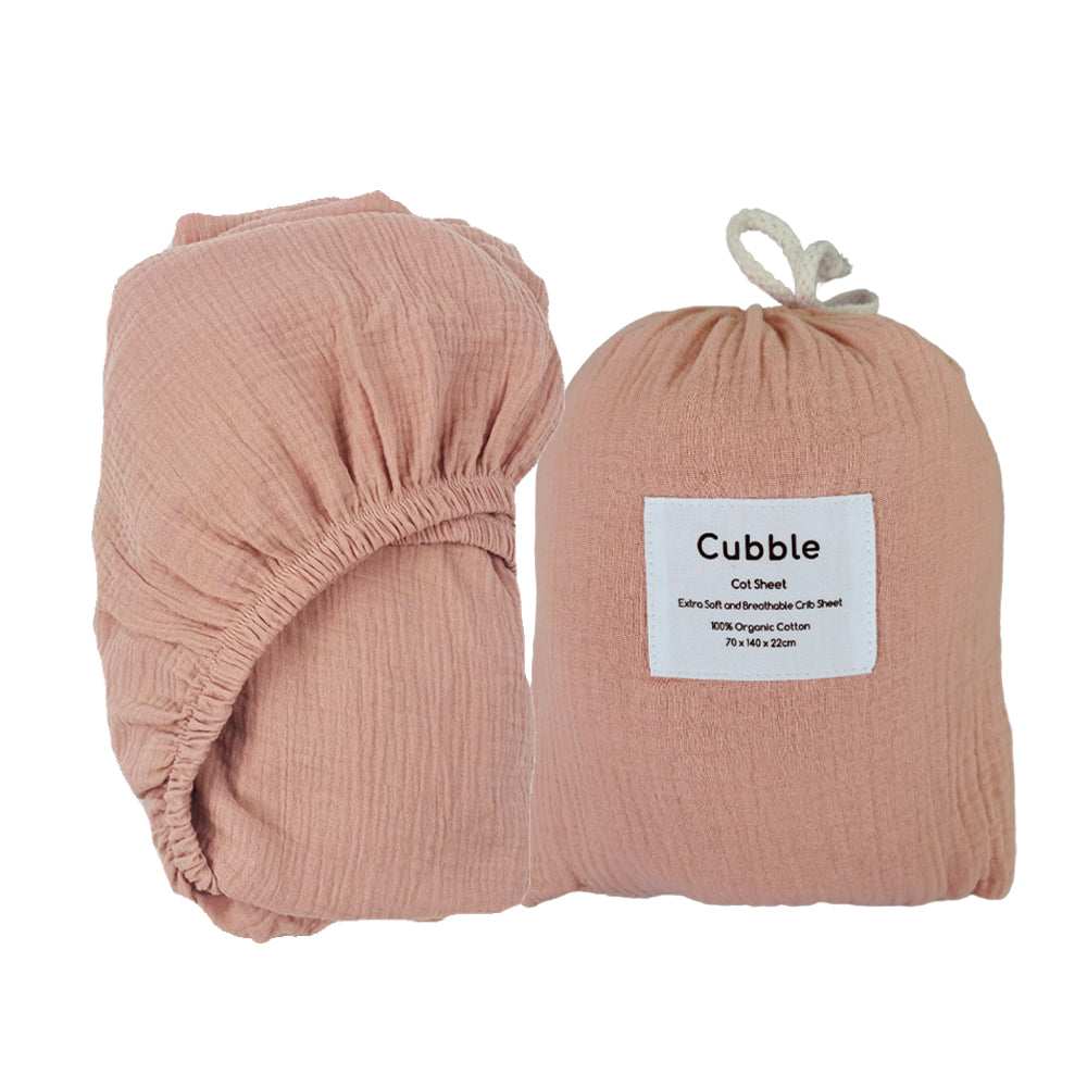 Cubble Crib Sheet Muslin Cotton (60x120cm / 70x140cm) 100% Organic Cotton Soft and Breathable with Storage Bag / mushie