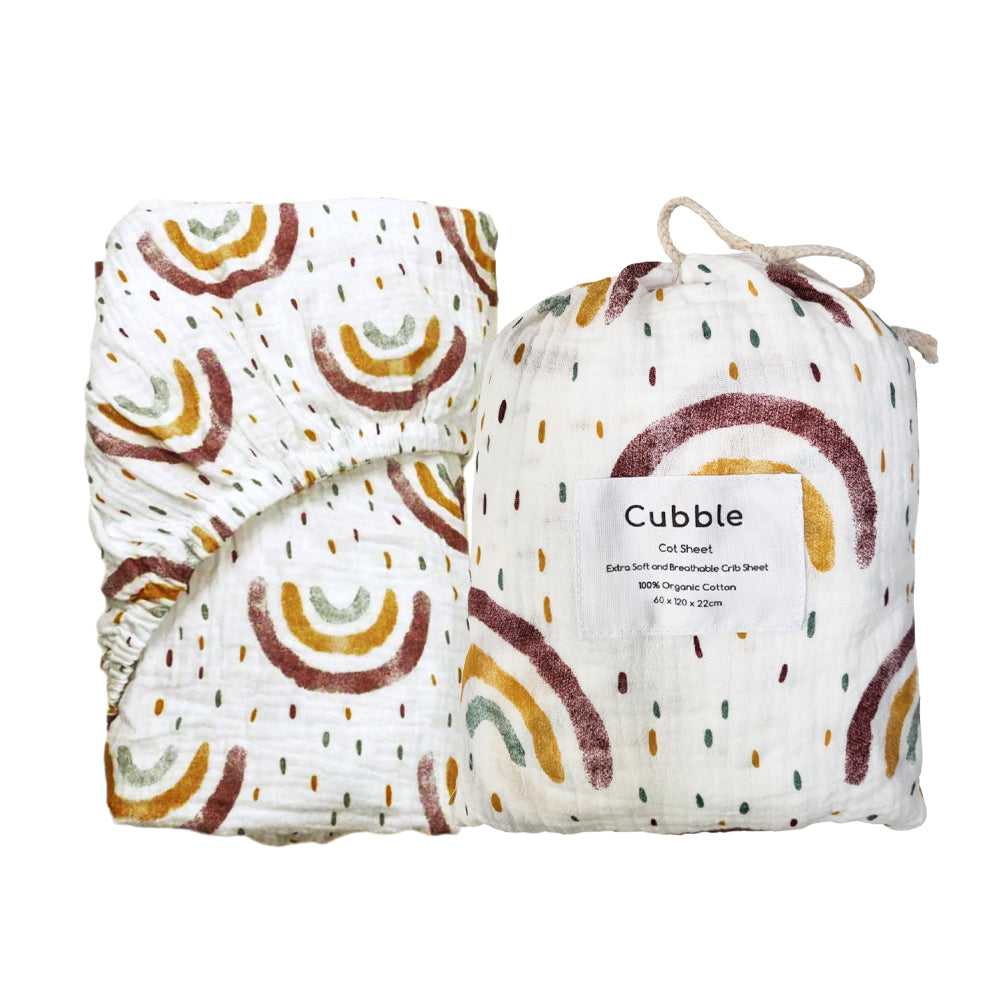 Cubble Crib Sheet Muslin Cotton (60x120cm / 70x140cm) 100% Organic Cotton Soft and Breathable with Storage Bag / mushie