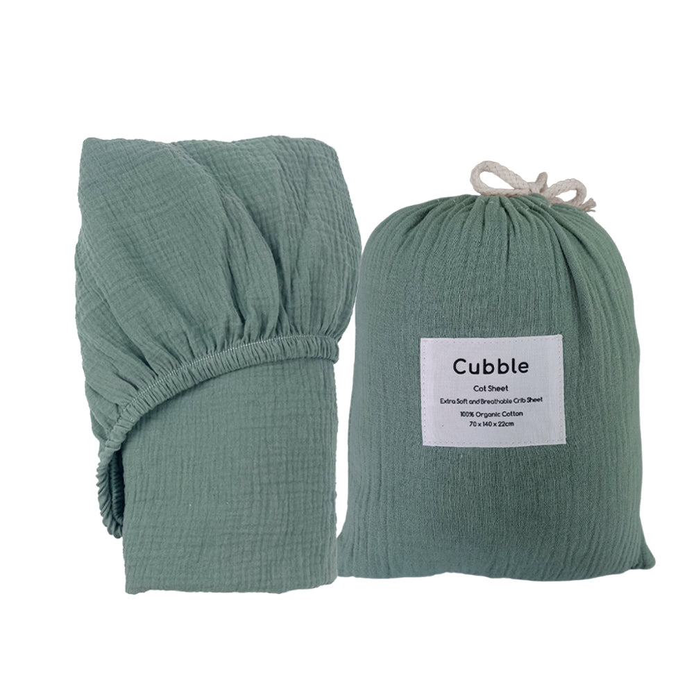 Cubble Crib Sheet Muslin Cotton (60x120cm / 70x140cm) 100% Organic Cotton Soft and Breathable with Storage Bag / mushie