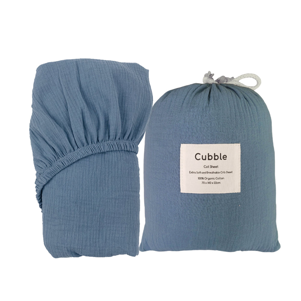 Cubble Crib Sheet Muslin Cotton (60x120cm / 70x140cm) 100% Organic Cotton Soft and Breathable with Storage Bag / mushie