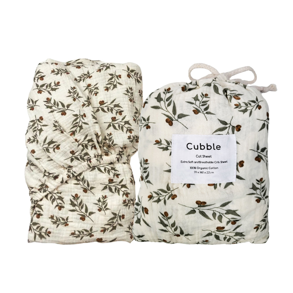 Cubble Crib Sheet Muslin Cotton (60x120cm / 70x140cm) 100% Organic Cotton Soft and Breathable with Storage Bag / mushie