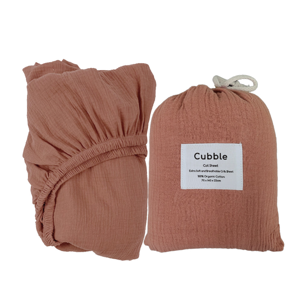 Cubble Crib Sheet Muslin Cotton (60x120cm / 70x140cm) 100% Organic Cotton Soft and Breathable with Storage Bag / mushie