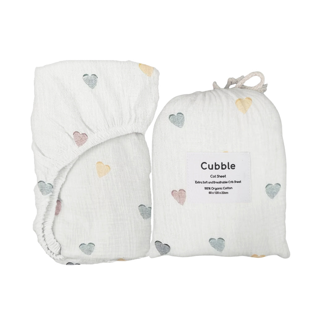 Cubble Crib Sheet Muslin Cotton (60x120cm / 70x140cm) 100% Organic Cotton Soft and Breathable with Storage Bag / mushie