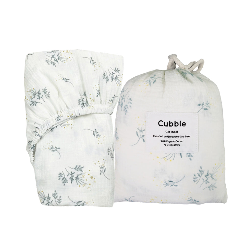 Cubble Crib Sheet Muslin Cotton (60x120cm / 70x140cm) 100% Organic Cotton Soft and Breathable with Storage Bag / mushie