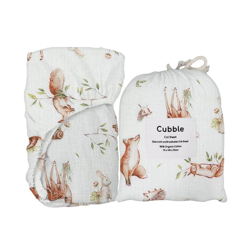 Cubble Crib Sheet Muslin Cotton (60x120cm / 70x140cm) 100% Organic Cotton Soft and Breathable with Storage Bag / mushie