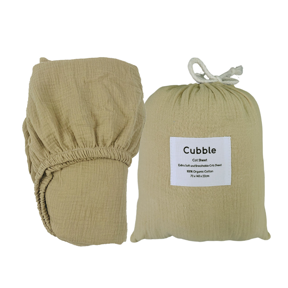 Cubble Crib Sheet Muslin Cotton (60x120cm / 70x140cm) 100% Organic Cotton Soft and Breathable with Storage Bag / mushie
