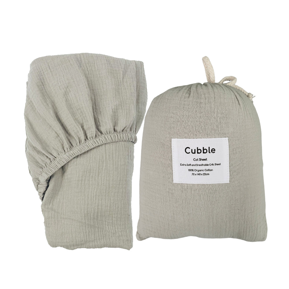 Cubble Crib Sheet Muslin Cotton (60x120cm / 70x140cm) 100% Organic Cotton Soft and Breathable with Storage Bag / mushie