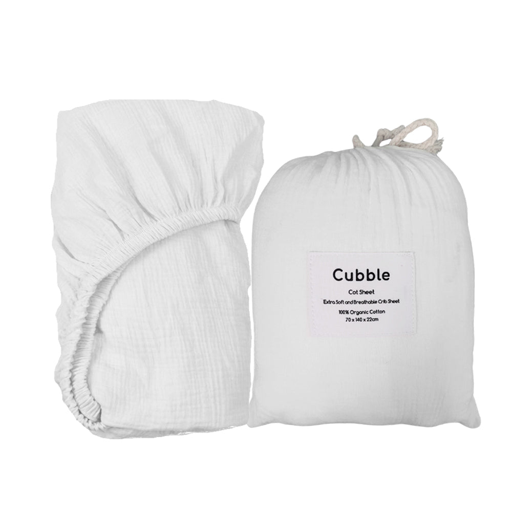Cubble Crib Sheet Muslin Cotton (60x120cm / 70x140cm) 100% Organic Cotton Soft and Breathable with Storage Bag / mushie