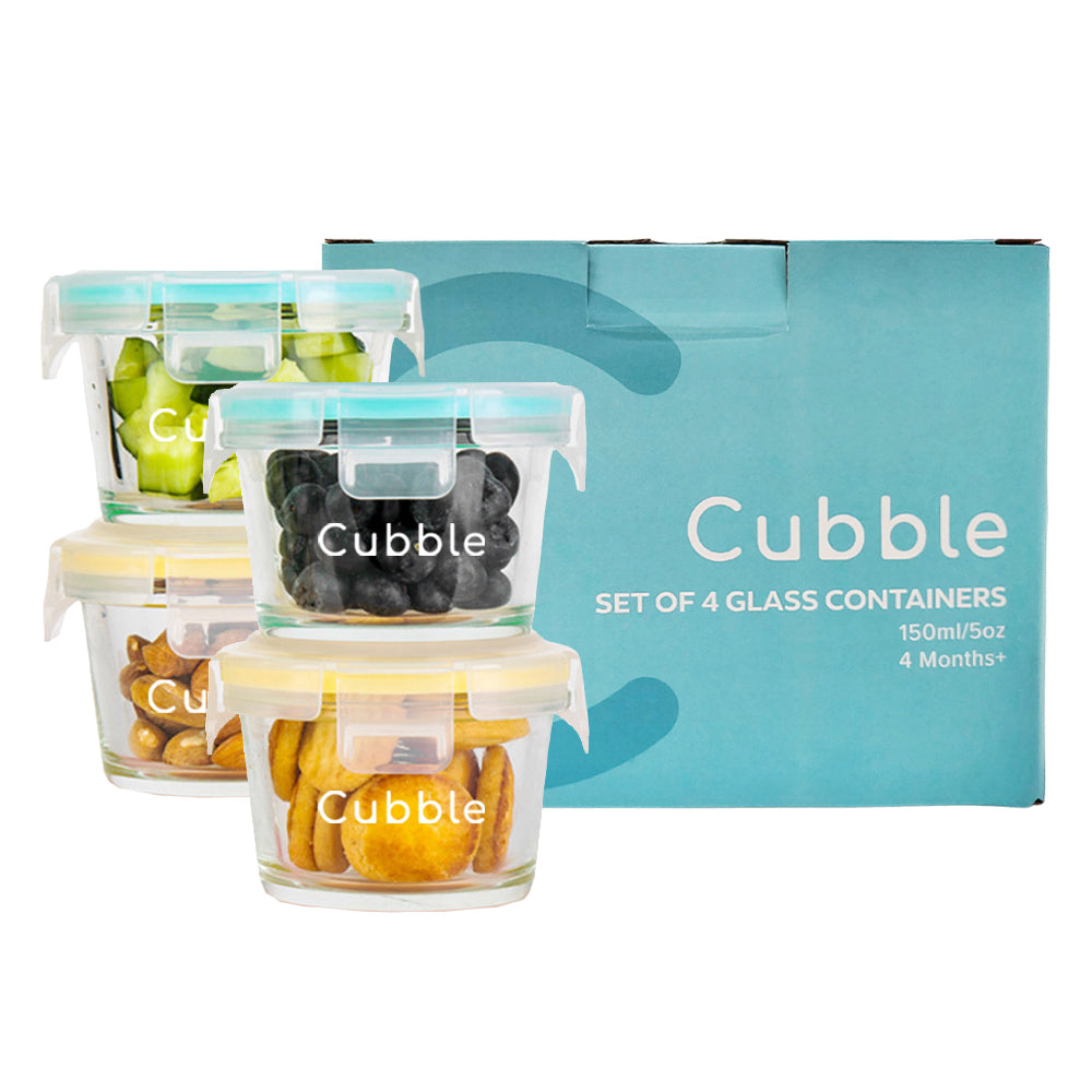 Cubble Baby Food Storage Glass Container 150ml 4pcs Set - Stackable & Airtight Leakproof - BPA, Lead & Phthalate free