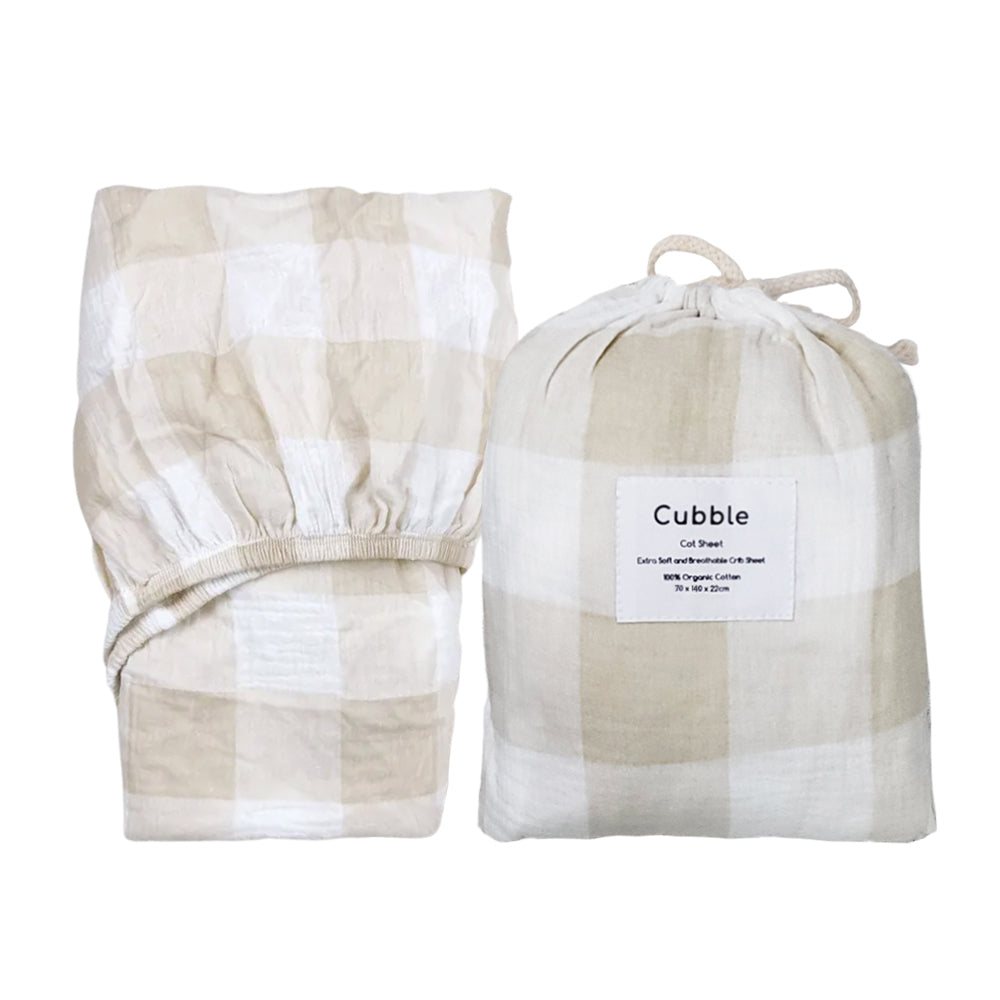Cubble Crib Sheet Muslin Cotton (60x120cm / 70x140cm) 100% Organic Cotton Soft and Breathable with Storage Bag / mushie