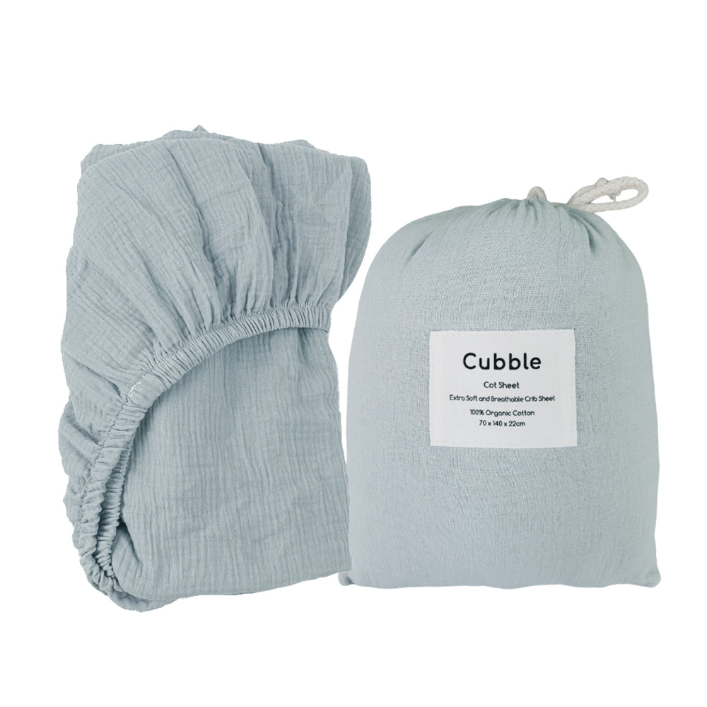 Cubble Crib Sheet Muslin Cotton (60x120cm / 70x140cm) 100% Organic Cotton Soft and Breathable with Storage Bag / mushie