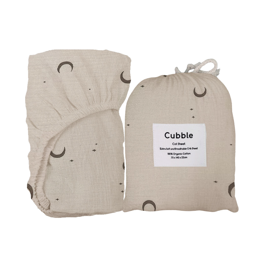 Cubble Crib Sheet Muslin Cotton (60x120cm / 70x140cm) 100% Organic Cotton Soft and Breathable with Storage Bag / mushie