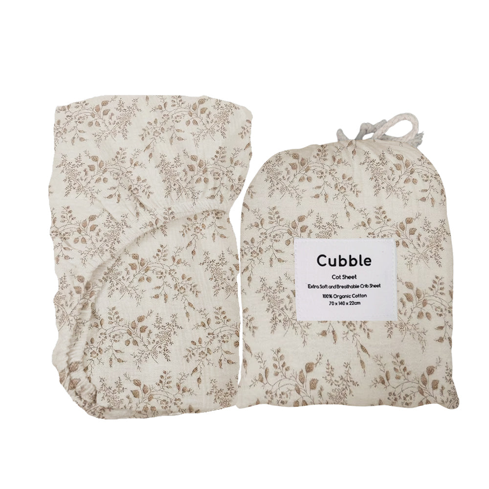 Cubble Crib Sheet Muslin Cotton (60x120cm / 70x140cm) 100% Organic Cotton Soft and Breathable with Storage Bag / mushie