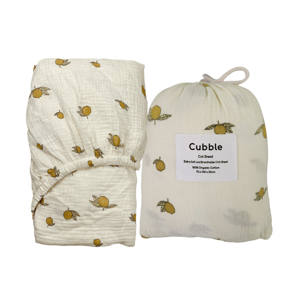 Cubble Crib Sheet Muslin Cotton (60x120cm / 70x140cm) 100% Organic Cotton Soft and Breathable with Storage Bag / mushie