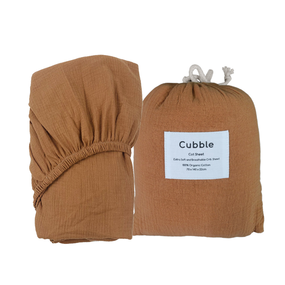 Cubble Crib Sheet Muslin Cotton (60x120cm / 70x140cm) 100% Organic Cotton Soft and Breathable with Storage Bag / mushie