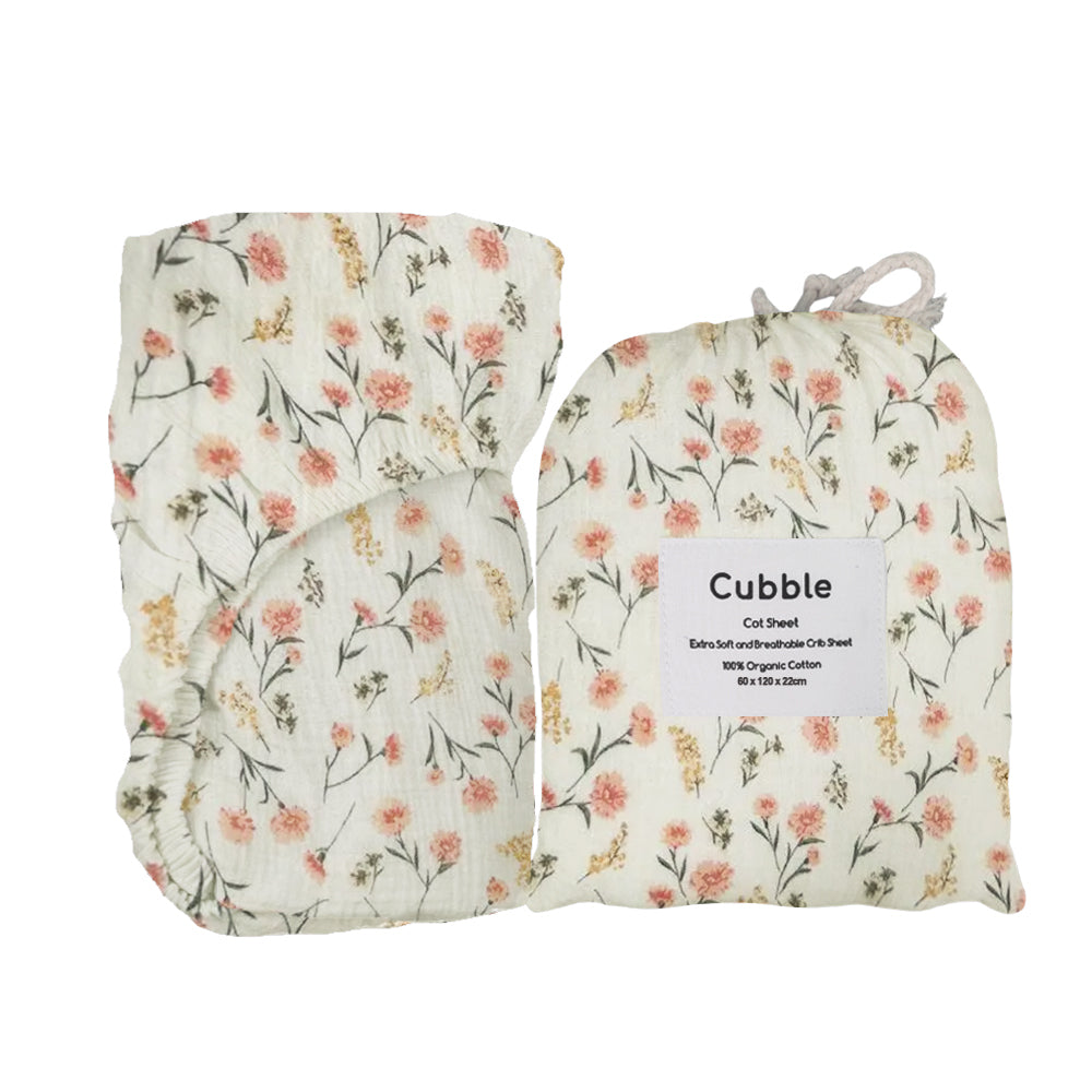 Cubble Crib Sheet Muslin Cotton (60x120cm / 70x140cm) 100% Organic Cotton Soft and Breathable with Storage Bag / mushie