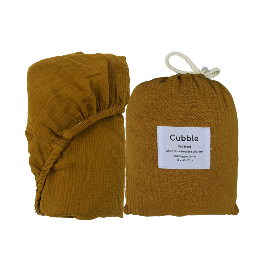 Cubble Crib Sheet Muslin Cotton (60x120cm / 70x140cm) 100% Organic Cotton Soft and Breathable with Storage Bag / mushie