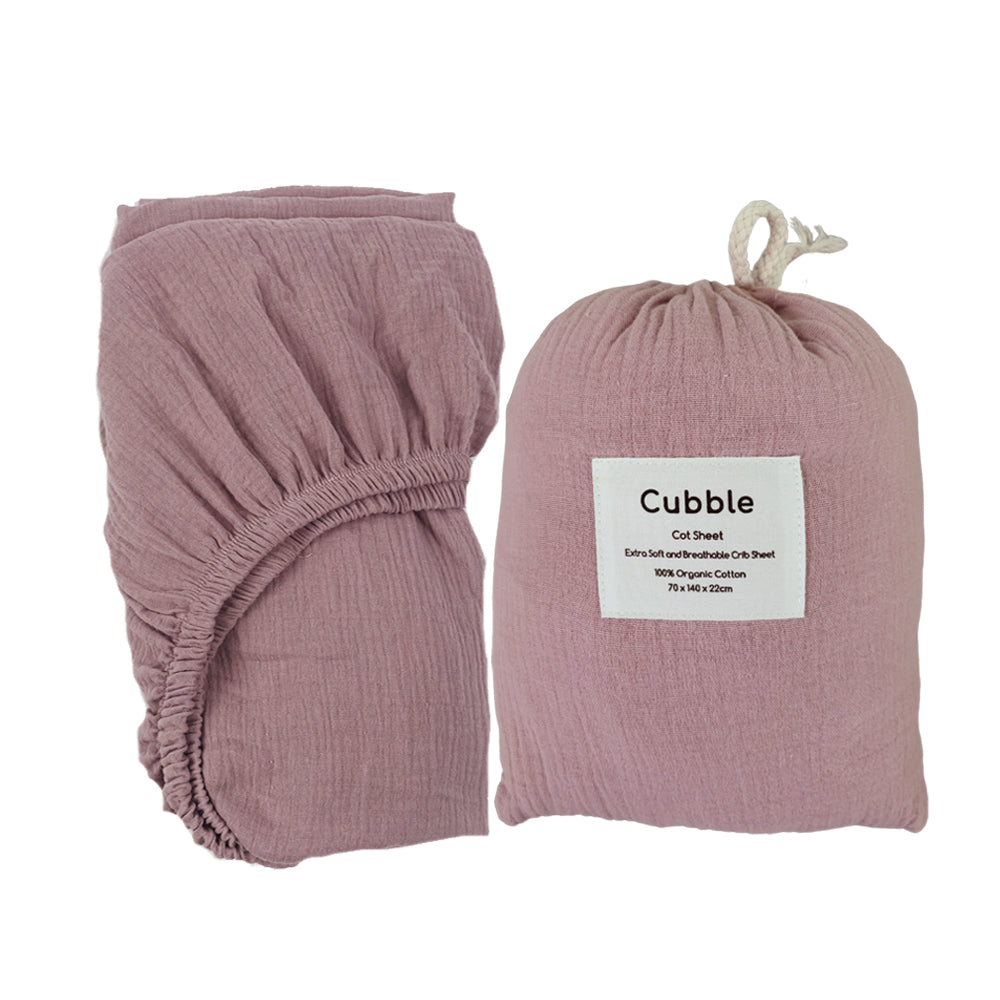Cubble Crib Sheet Muslin Cotton (60x120cm / 70x140cm) 100% Organic Cotton Soft and Breathable with Storage Bag / mushie