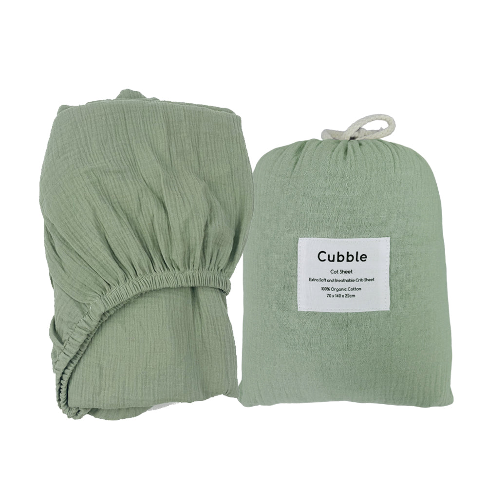 Cubble Crib Sheet Muslin Cotton (60x120cm / 70x140cm) 100% Organic Cotton Soft and Breathable with Storage Bag / mushie