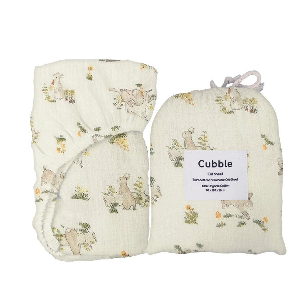 Cubble Crib Sheet Muslin Cotton (60x120cm / 70x140cm) 100% Organic Cotton Soft and Breathable with Storage Bag / mushie