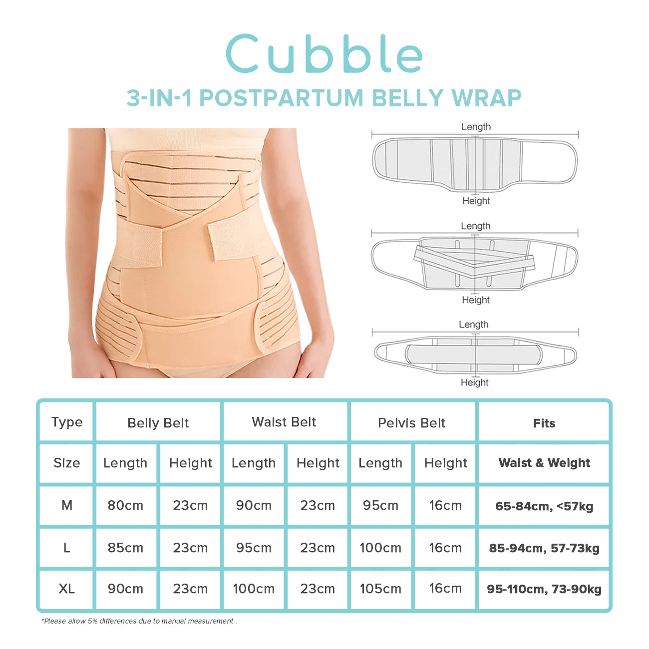 Cubble 3-in-1 Postpartum Belly Wrap (3 Sizes: M, L, XL) 2 Colors