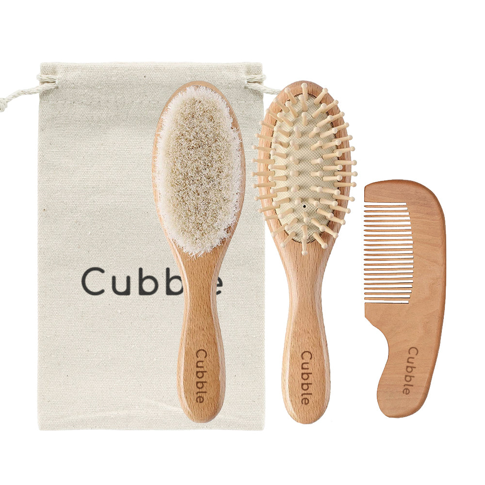 Cubble Natural Goats Wool Wooden Baby Hair Brush and Comb Set (3pcs)