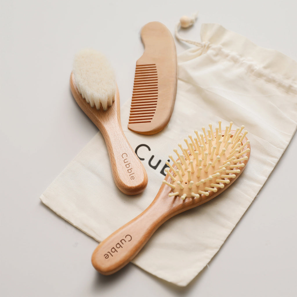 Cubble Natural Goats Wool Wooden Baby Hair Brush and Comb Set (3pcs)