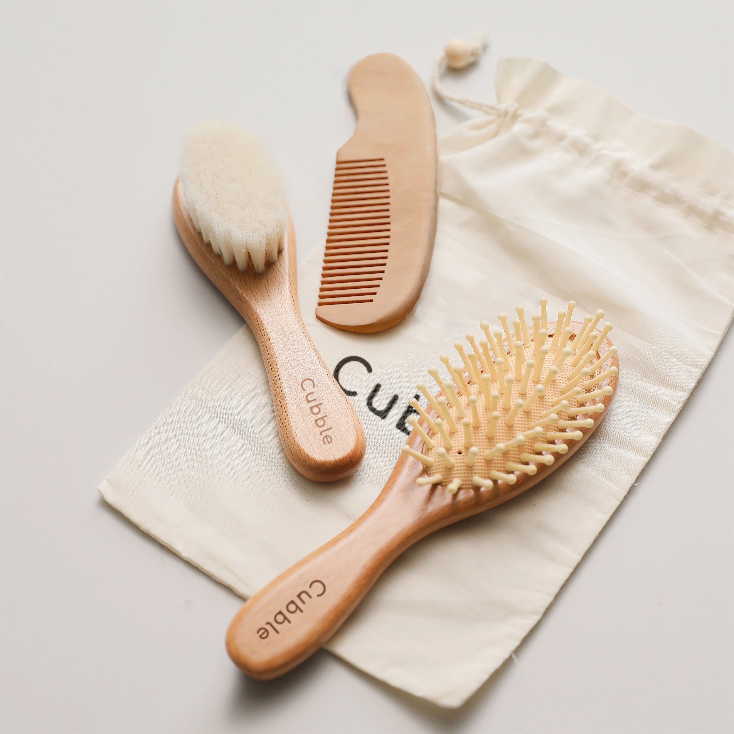 Cubble Natural Goats Wool Wooden Baby Hair Brush and Comb Set (3pcs)