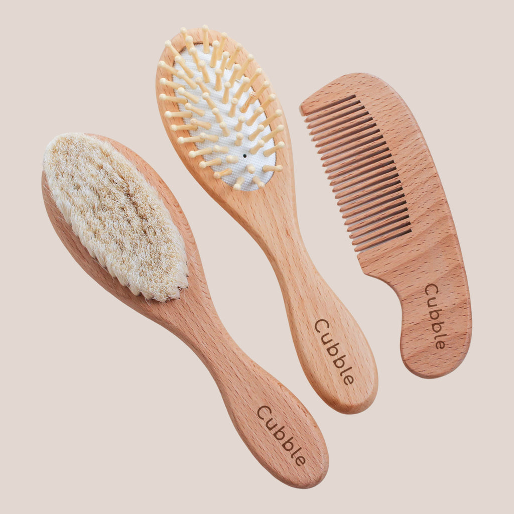 Cubble Natural Goats Wool Wooden Baby Hair Brush and Comb Set (3pcs)