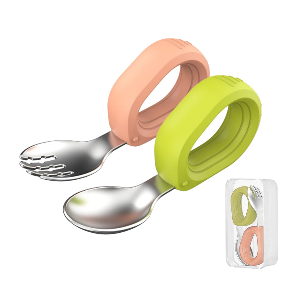 Cubble Stainless Steel Baby Fork and Spoon Set with Case (2 Colors) Toddler Self Feeding Utensils