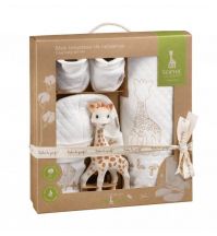 a gift box of Sophie the giraffe with a blanket and booties