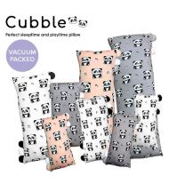8 pillows in pink, grey and white with panda prints are grouped together