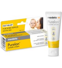 A tube of lanolin cream showing a baby and mother